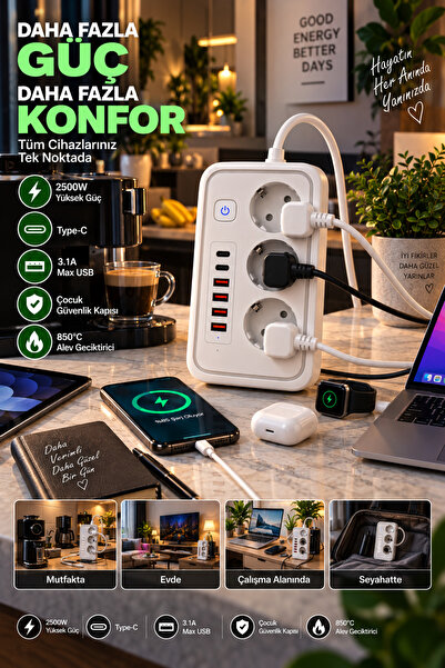 Munico 2 Adet 2500W 3'lü Çoklu Priz 2 Type-C 4 USB Çıkışlı Çocuk Korumalı Masaüstü Çoklayıcı