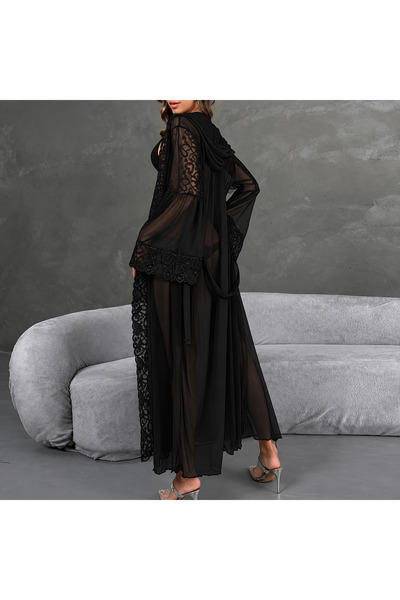 Maser Black Lace Embroidered Long Dressing Gown