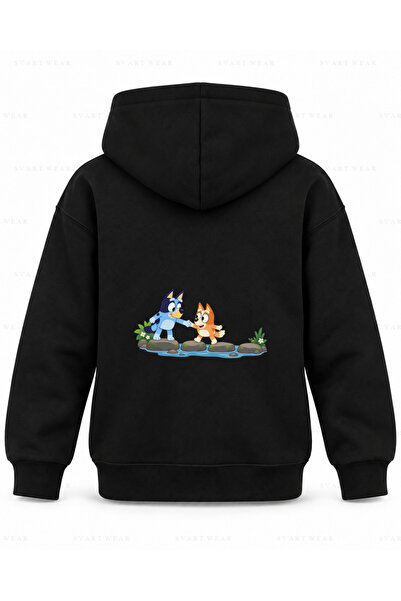 SVART WEAR Bluey Stone Bridge Printed Black Children's Hooded Sweatshirt