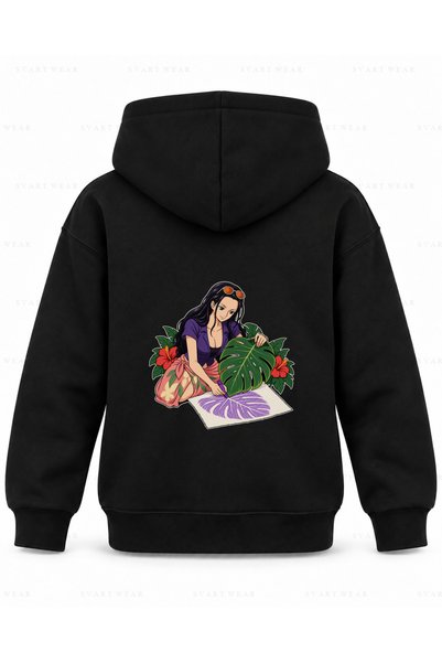 SVART WEAR One Piece Leaf Print Black Children's Hooded Sweatshirt