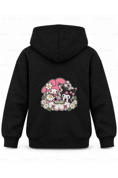 SVART WEAR My Melody & Kuromi Daisy Teapot Printed Black Children's Hooded Sw...