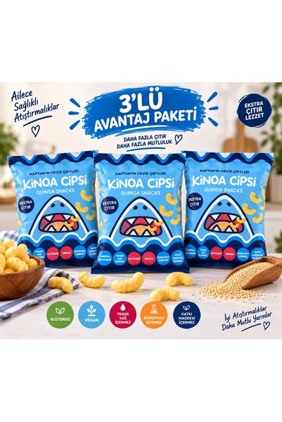 Kaptan`ın Ceviz Çiftliği Mavi Ambalaj Kinoa Cipsi 3'lü Paket - Glütensiz, Vegan Atıştırmalık (3 x 30 G)