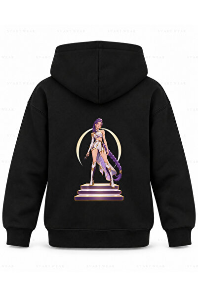 SVART WEAR HUNTR X Rumi Черен детски суичър с качулка с принт на сценична стълба