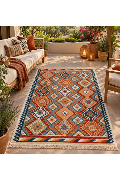 Safir Kilim Safir Şönil Çift Taraflı Etnik Desenli Kilim – Renkli Özel Tasarı...