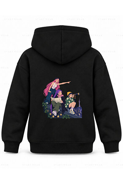 SVART WEAR KPop Demon Hunters dvogledi na krovu, crna dečja majica sa kapuljačom