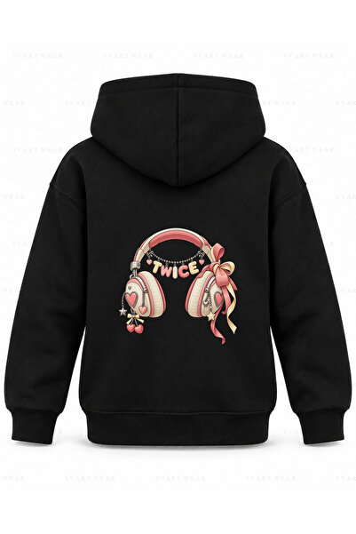 SVART WEAR سترة رياضية للأطفال باللون الأسود مطبوع عليها شريط سماعات الرأس من...
