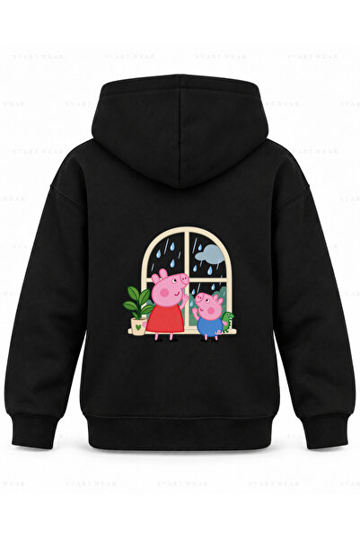 SVART WEAR Μαύρο παιδικό φούτερ με κουκούλα με στάμπα Peppa Pig Window Rain