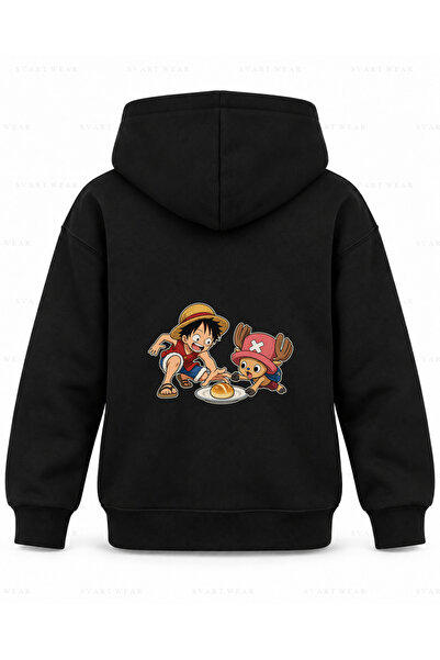 SVART WEAR One Piece Snack Race Printed Black Kids' Hooded Sweatshirt