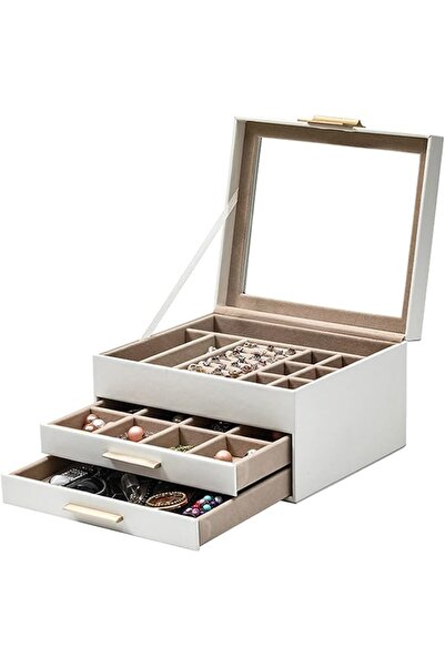 Generic 3-Layer Jewellery Box with Glass Lid, White PU Leather, Jewelry Organ...