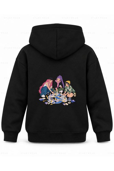 SVART WEAR KPop Demon Hunters Paper City tiskana crna dječja majica sa kapulj...