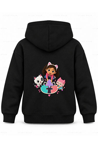 SVART WEAR Детски черен суичър с качулка с щампа  "Пъзел Юнити " от Куклена к...