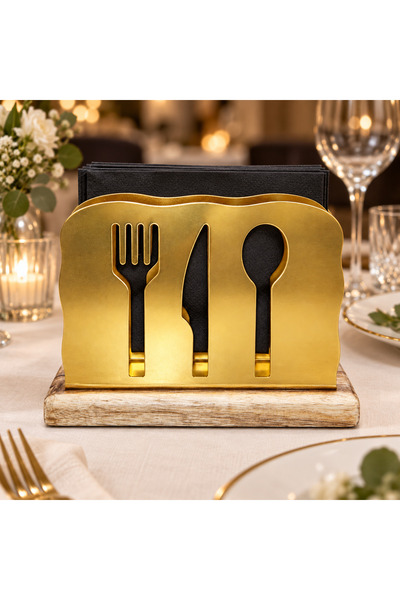 Generic Brand Napkin holder, gilded, with wooden base and cutlery cutout pattern
