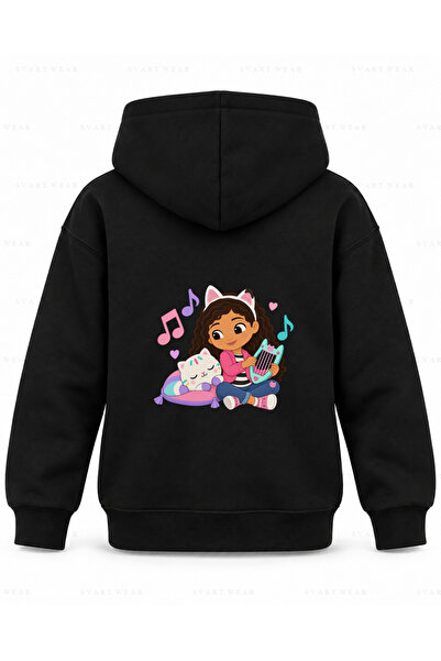SVART WEAR Детски черен суичър с качулка с щампа  "Тиха мелодия " от Куклена ...