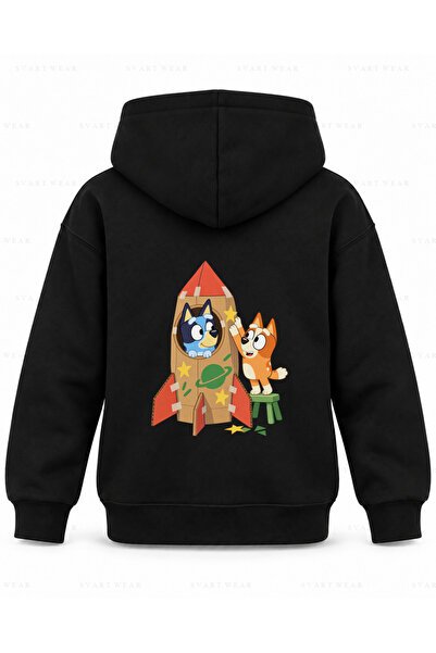 SVART WEAR Hanorac cu glugă pentru copii, negru, cu imprimeu Bluey Box Rocket