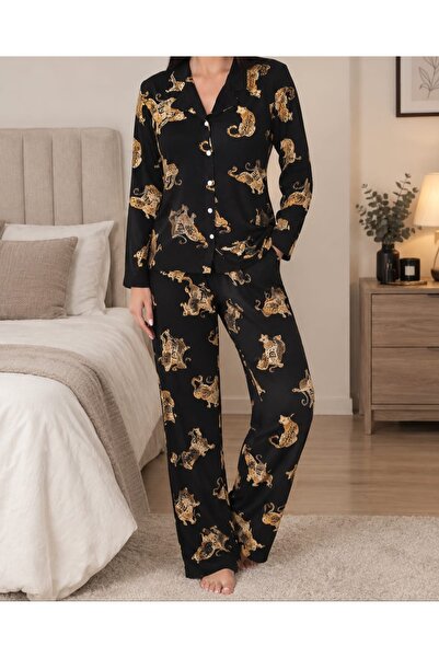 Genel Markalar Kadın Siyah Gold Kedi Desenli Gömlek Yaka Uzun Kollu Pijama Ta...
