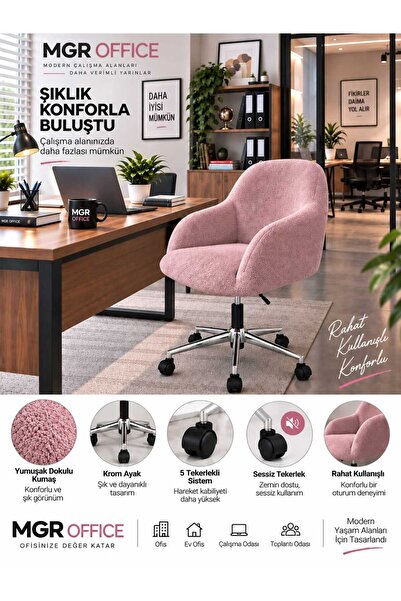 Mgr Office VEYRA Teddy Kumaş Çalışma Sandalyesi – 5 Tekerlekli Krom Ayaklı Ko...