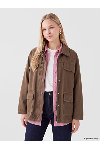 LC Waikiki Vizyon New Season Khaki Shirt Collar Oversize Women's Jean Jacket