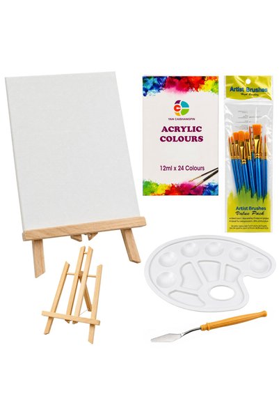 LEAN Set de pictură, Șevalet, 12 pânze, 24 vopsele acrilice, Pensule