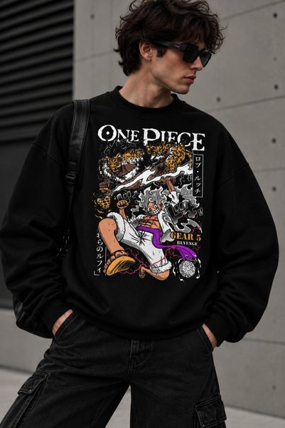 Dupe Design سويت شيرت أسود كبير الحجم مطبوع عليه One Piece Monkey D. Luffy Ge...