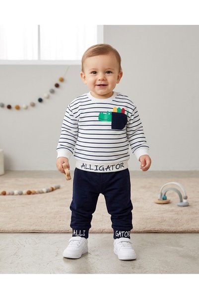 Egelite Baby Boy Seasonal Striped Crew Neck Long Sleeve Dinosaur Printed 100%...