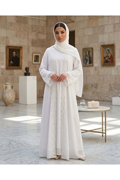 Muchmy Luxury White Lace Embroidered Abaya Set with Inner & Scarf
