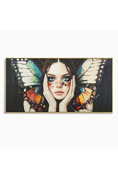 Luxcanva Tablou Canvas Fata Fluture 140x70 cm cu Rama Auriu Fata Fluture Meta...