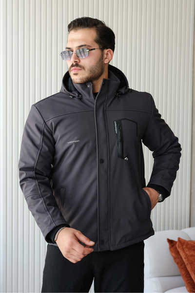 Su Ve Rüzgar Geçirmez Rahat Kalıp Kapüşonlu Softshell Erkek Mont