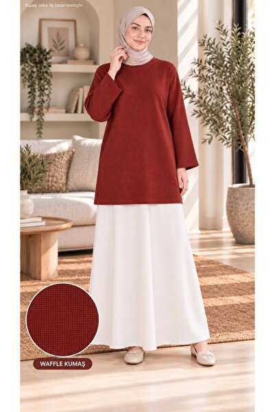 caddekombin Women's Waffle Textured Long Tunic Comfortable Fit Hijab Daily Tunic