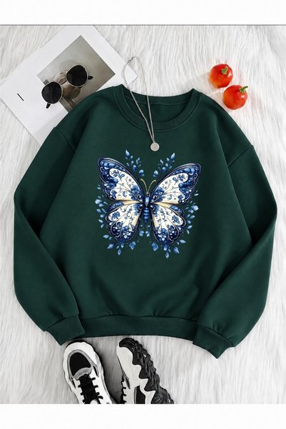 Trend Sizde Hanorac unisex cu imprimeu etnic cu fluturi, cu gâtul tip crewneck