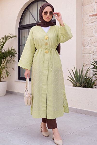 Modamorfo Brooch Detailed Embossed Polka Dot Patterned Jacquard Kimono with S...