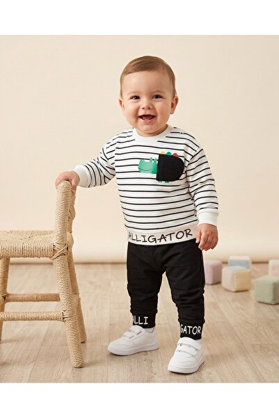 Egelite Baby Boy Seasonal Striped Crew Neck Long Sleeve Dinosaur Printed 100%...