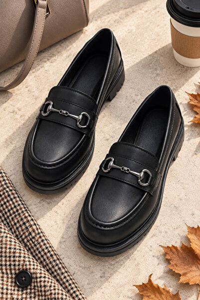 VestioStore Arven Siyah Mat Tokalı Kalın Ortopedik Fuspet Taban Kadın Loafer ...