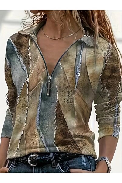 MODA ŞEHRİ Women's Long Sleeve Front Zipper Two Thread Blouse