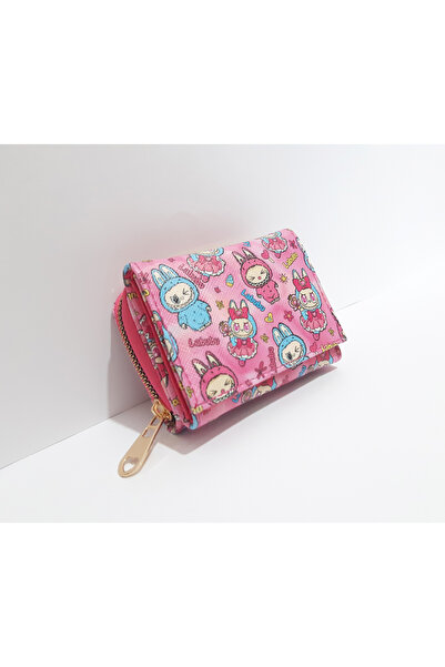 renkli çiçekler Çocuk Cüzdan 11x8x4 CM Pembe Renk Labubu Desenli Çocuk Cüzdanı