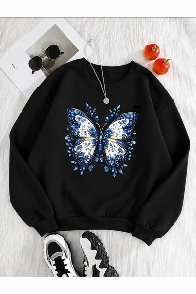 Trend Sizde Hanorac unisex cu imprimeu etnic cu fluturi, cu gâtul tip crewneck