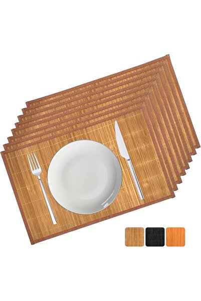 GENERAL Bamboo Placemats Set of 8, 17.7x11.8 Inch with Brown Fabric Border - ...