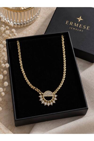 316 L Paslanmaz Çelik Gold Renk Güneş Model Taşlı Kolye