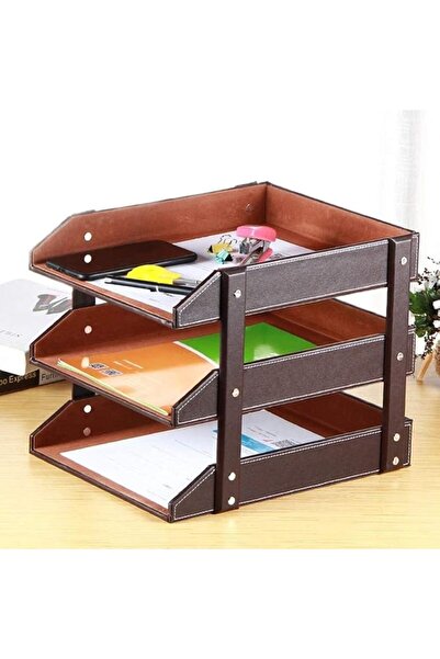 Generic Wood PU Leather Desktop File Organizer Stackable Tray Set with 3 Laye...