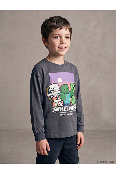 LC Waikiki Peak New Season Anthracite Crew Neck Printed Boys' T-Shirt