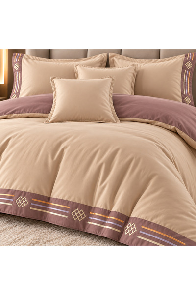 East Comfort Lenjerie de pat premium cu broderie aurie, Bumbac, 6 piese, Husa...