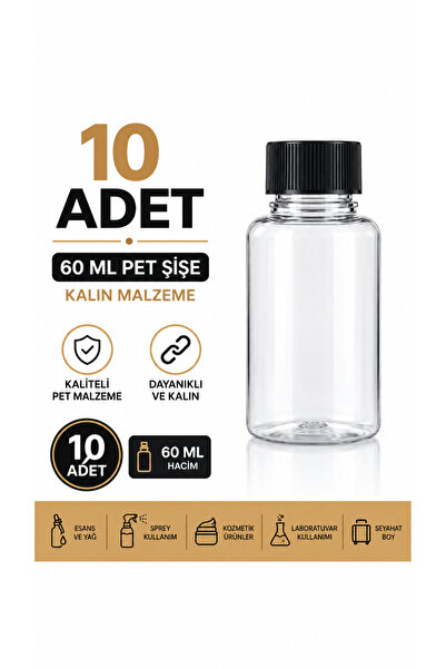 makrobay 10 Adet 60 ml Kalın PET Şişe - Siyah Kapaklı - Kolonya, Tonik ve Losyon İçin Boş Seyahat Şişesi
