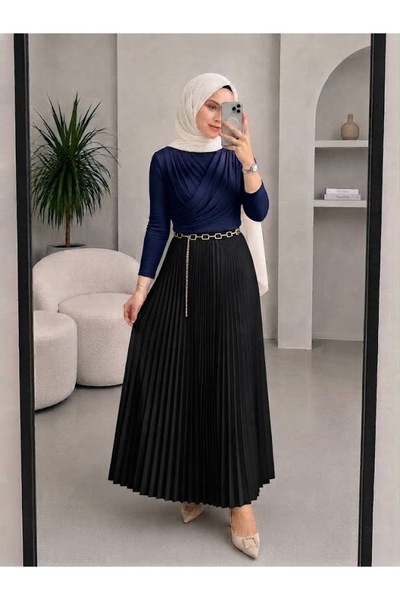 modapark.ist Double-Breasted Collared Blouse and Pleated Skirt Set