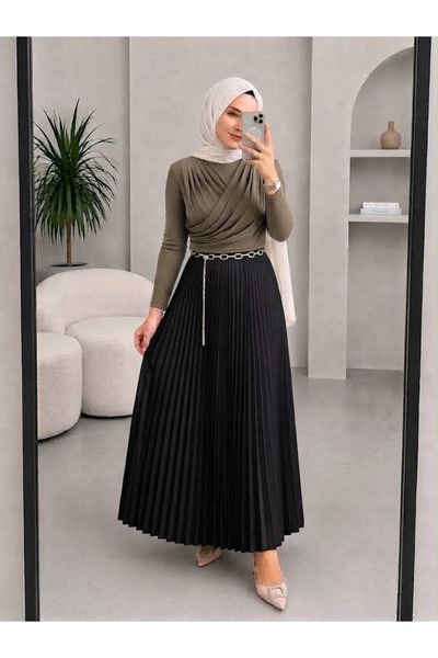 modapark.ist Double-Breasted Collared Blouse and Pleated Skirt Set