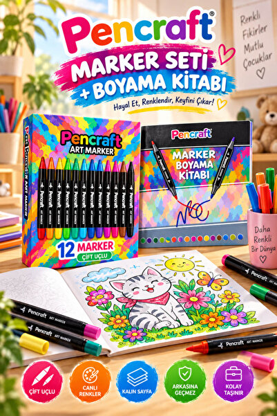 House Bird Pencraft 12’li Çift Uçlu Marker Kalem + Kalın Sayfalı Arkasına Geç...