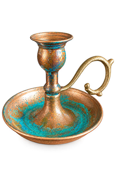 Copper Empire Patinalı Bakır Şamdan Kulplu Dekoratif Mumluk 14 cm