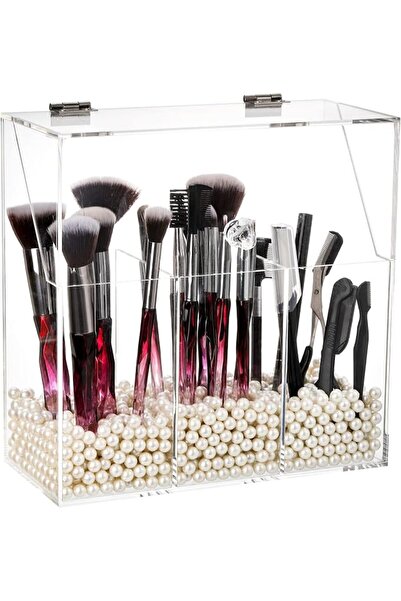 Okllen Makeup Brush Holder with Dustproof Lid, White Pearls, Acrylic Clear Ma...