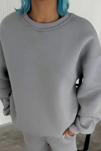 Generic Brand Women's Crew Neck 3 Thread Cotton Basic Sweatshirt - Gray-Grey ...