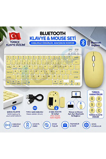 VOREX PL-388 Bluetooth Türkçe Q Mini Klavye Mouse Seti Şarjlı Klavye Pilli Mouse
