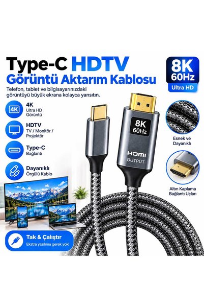 instatech Görüntü Aktarım Kablosu 8K 60Hz 4K Ultra HD USB-C Type-C to HDMI Ka...