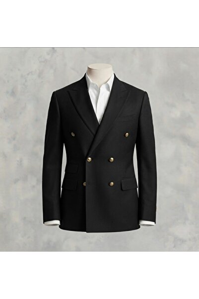 SABRİ ZENGİN Erkek Siyah Slim Fit Altın Düğme Kruvaze Blazer Tek Ceket